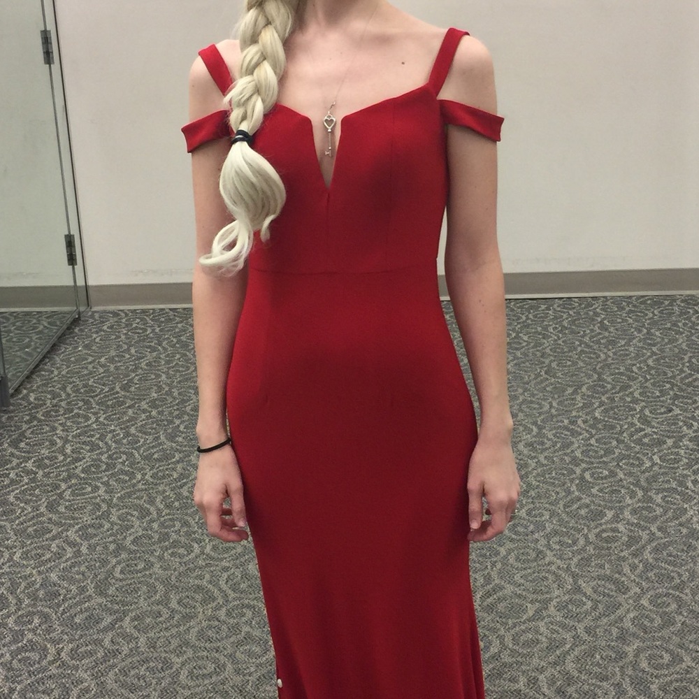 Red David’s Bridal bridesmaid dress